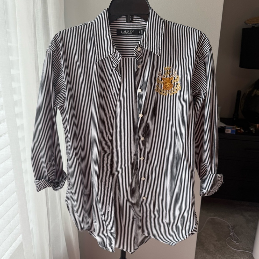 Ralph Lauren Black and White Striped Shirt with Gold Crest
